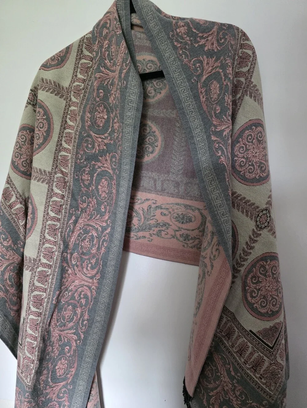 Large scarf wrap shawlpaisley scarf multi-color design with pink and grey